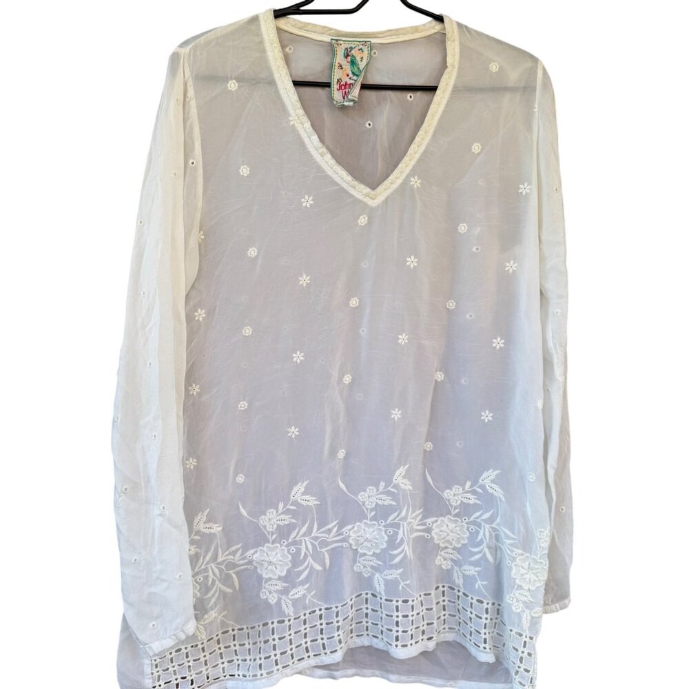 Johnny Was Top Women's Size Small White Blouse Tunic Embroidered Lacework Boho